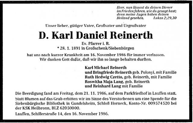 Reinerth Karl Daniel 1891-1986 Todesanzeige